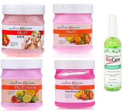 BEAUCODE BioCare Fruit Facial Kit with Astringent 100ml||Cream-Mask-Gel-Scrub 250gm Each(5 x 220 ml)