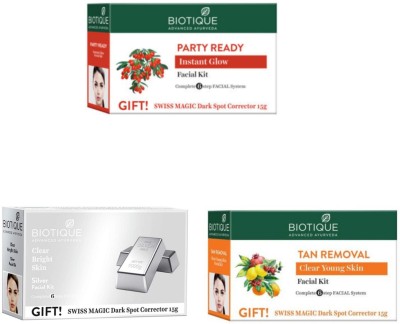 BIOTIQUE Facial Kit Combo - Party Ready , Silver & Tan Removal 65g Each(3 x 65 g)