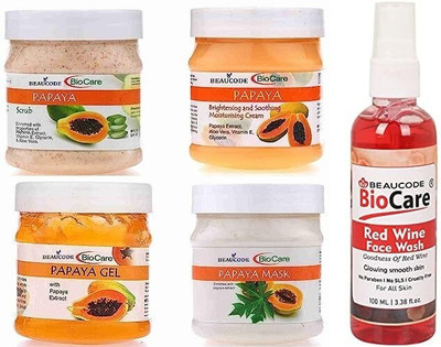 BEAUCODE BioCare Papaya Facial Kit 250gm Each with Red Wine Face Wash 100ml ||(5 x 220 ml)
