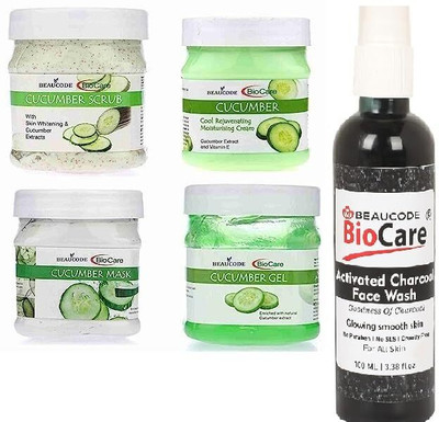 BEAUCODE BioCare Cucumber Facial Kit Charcoal Face Wash Cream-Mask-Gel-Scrub(5 x 220 ml)