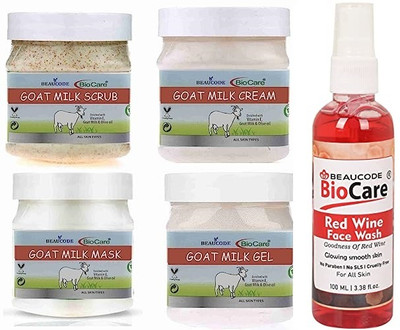 BEAUCODE BioCare oat Milk Facial Kit with Red Wine Face Wash Cream-Mask-Gel-Scrub(5 x 50 ml)