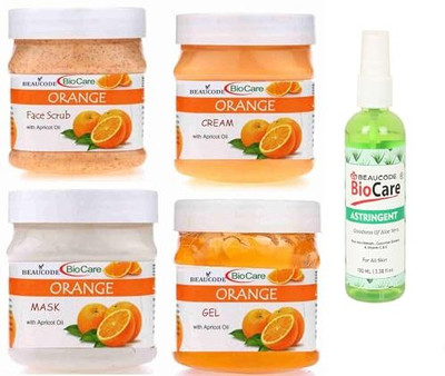 BEAUCODE BioCare Orange Facial Kit with Astringent 100ml||Cream-Mask-Gel-Scrub 250gm Each(5 x 220 ml)