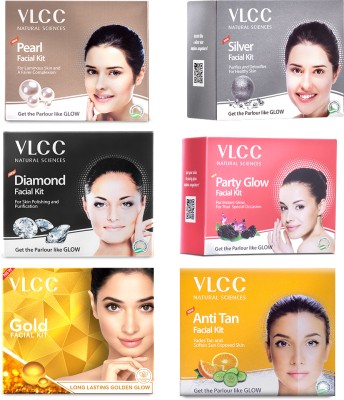 VLCC Silver, Gold, Party Glow, Pearl, Diamond & Anti Tan Facial Kit - 60g (Pack of 6)(350 g)
