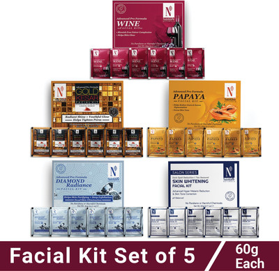 NutriGlow NATURAL'S Facial Kit Pack-5|Wine|Papaya|Gold Kesar|Skin Whitening & Diamond|(5 x 60 g)