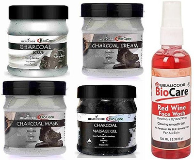 BEAUCODE BioCare Charcoal Facial Kit 250gm Each with Red Wine Face Wash 100ml||(5 x 220 ml)