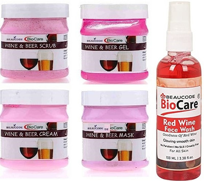 BEAUCODE BioCare Wine & Beer Facial Kit-250 ml with Red Wine Face Wash-100ml(5 Set)(5 x 50 ml)