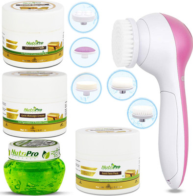 NutriPro Gold Facial Kit With Aloevera Gel Extract With Gold Dust & Almond Oil & Massager(5 x 100 g)
