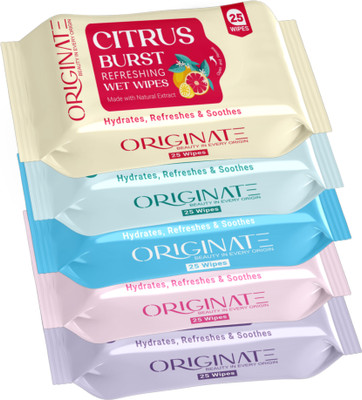 ORIGINATE Assorted Refreshing Wet Wipes for Easy Makeup & Excess Oil Removal - Pack of 5(125 Tissues)