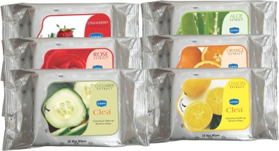 GINNI Cleansing & Refreshing Facial Wipes (Rose,Lemon,Aloevera,Orange,Strawberry,Cucumber) (pack of 6) (30 wipes per pack)(6 Tissues)