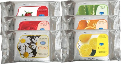 GINNI Cleansing & Refreshing Facial Wipes (Rose,Lemon,Aloevera,Orange,Strawberry,Antiacne) (pack of 6) (30 wipes per pack)(6 Tissues)