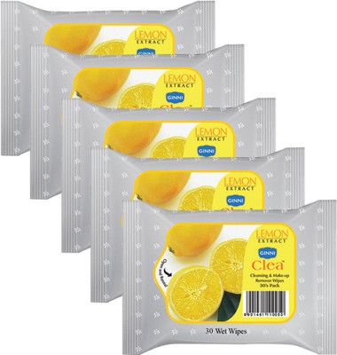 GINNI Cleansing & Refreshing Facial Wipes (Lemon) (pack of 5) (30 wipes per pack)(5 Tissues)