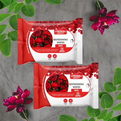 skinic Pack of 2 Rose Wet Wipes – Daily Use Cleansing & Hydrating Face Wipes(50 Tissues)