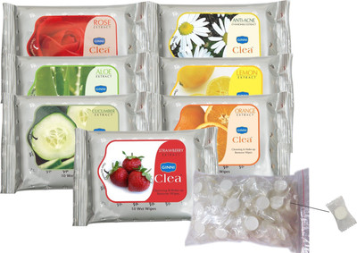 GINNI Clea Cleansing and Make-up Remover Wet Wipes (All 7 Variants)(10 wipes per pack) with Coin Tissues (50 pcs)  Candy Pack(10 Tissues)