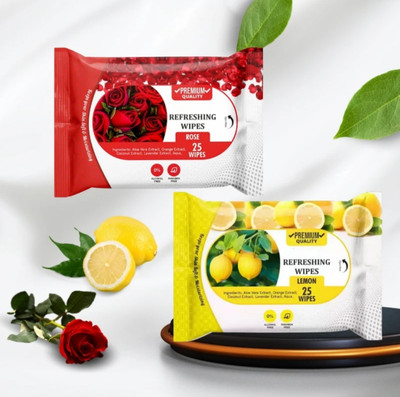 Deeparth Refreshing Lemon & Rose Wet Wipes – 2 Packs, 25 Wipes Each, Paraben Free(50 Tissues)
