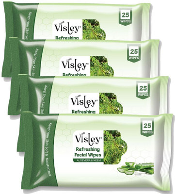 Visley Pack of 4 Face Wet Wipes Cleansing &Refreshing With Aloe Vera &Neem(100 Tissues)(100 Tissues)