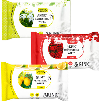 skinic Refreshing Wet Wipes Combo- Lemon, Rose, Jasmine-3 Packs×25 Wipes(75 Tissues)