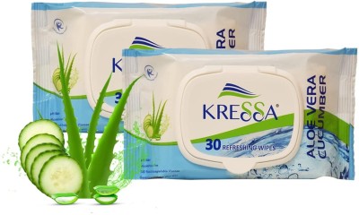 KRESSA Refreshing Face Wet Wipes Pack of 2 (Aloevera Cucumber)(60 Tissues)