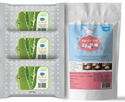 GINNI Magic 50 Coin tissue | Makeup-Remover Cleansing Wet Wipes (Pack of 3)(4 Tissues)