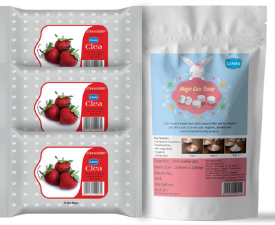 GINNI Magic 50 Coin tissue | Cleansing Wet Wipes (Strawberry, Pack of 3)(4 Tissues)
