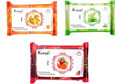 feelhigh Set 3 (vitaminc+aloevera+strwberry) 25 Each- Makeup Remover Refreshing Wipes(75 Tissues)
