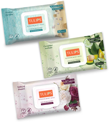 Tulips Refreshing Wet Wipes with 3 Summer Fragrance- 30 Wipes Each, LID Pack(3 Tissues)