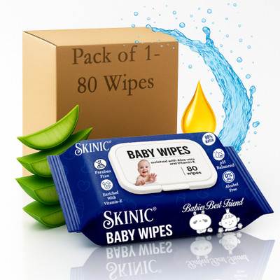 skinic Baby Wipes – 80 Wipes | PureHerb | Alcohol & Paraben Free | Pack of 1(80 Tissues)