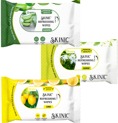 skinic Refreshing Wet Wipes Combo- Aloe Vera, Lemon, Jasmine-3 Packs×25 Wipes(75 Tissues)