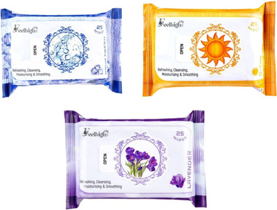 feelhigh Set 3 (Aqva Fresh, Detan ,Levender) 25 Each- Makeup Remover Refreshing Wipes(75 Tissues)