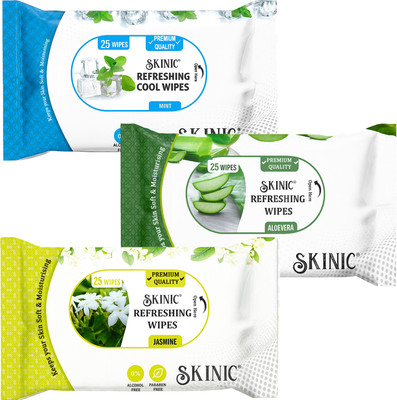 skinic Refreshing Wet Wipes Combo- Aloe Vera, Jasmine, Mint-3 Packs×25 Wipes(75 Tissues)