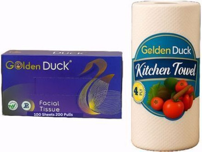Golden Duck Facial Tissue 200 Pulls (1 Box) & Kitchen Towel Jumbo Roll Value Pack(2 Tissues)