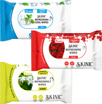 skinic Refreshing Wet Wipes Combo- Rose, Jasmine, Mint-3 Packs×25 Wipes(75 Tissues)