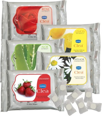 GINNI Premium Facial Tissue ( Rose,Aloevera,Lemon,Strawberry,Antiacne) (Pack of 5) (10 Wipes Per Pack) & 50 Coin Tissue (Candy Pack)(12 Tissues)