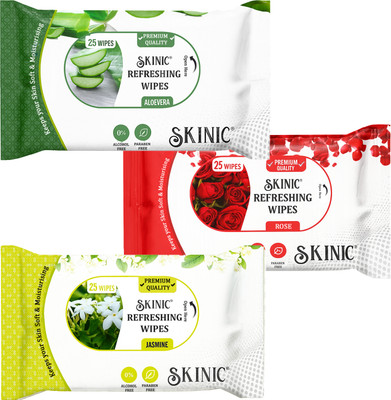 skinic Refreshing Wet Wipes Combo- Aloe Vera, Rose, Jasmine-3 Packs×25 Wipes(75 Tissues)