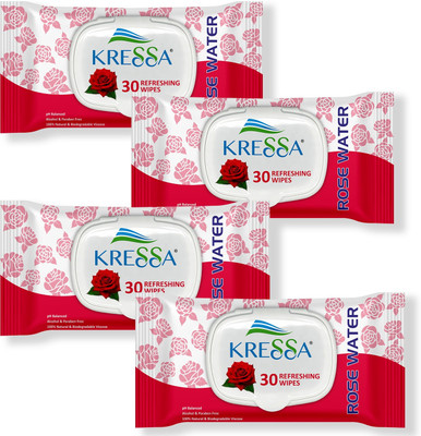 KRESSA Face Wipes with Rose Water | Gentle Face Cleansing Wipes (Pack of 4)(120 Tissues)