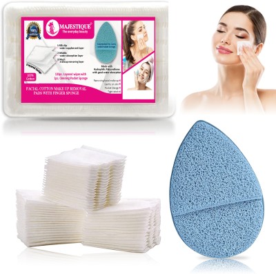 MAJESTIQUE 100Pcs Cotton Face Pads with Reusable Sponge for Makeup Removal - Color May Vary(101 Tissues)
