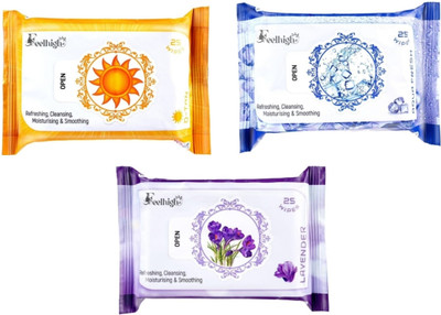 feelhigh Set 3 (Detan+aqvafresh+levender) 25 Each- Makeup Remover Refreshing Wipes(75 Tissues)