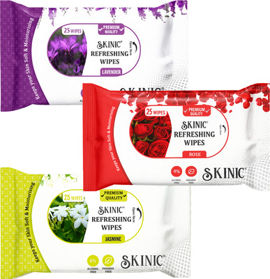 skinic Refreshing Wet Wipes Combo- Rose, Lavender, Jasmine-3 Packs×25 Wipes(75 Tissues)