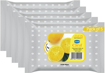 GINNI Clea Cleansing and Make-up Remover Wet Wipes (Lemon)(pack of 5) (10 wipes per pack)(5 Tissues)