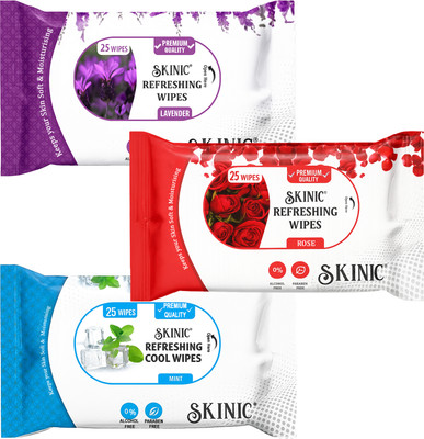 skinic Refreshing Wet Wipes Combo- Rose, Lavender, Mint-3 Packs×25 Wipes(75 Tissues)