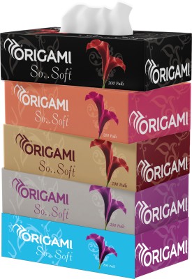 Origami 2 Ply Facial Tissues Pack of 5 - 200 Pulls Per Box(1000 Tissues)