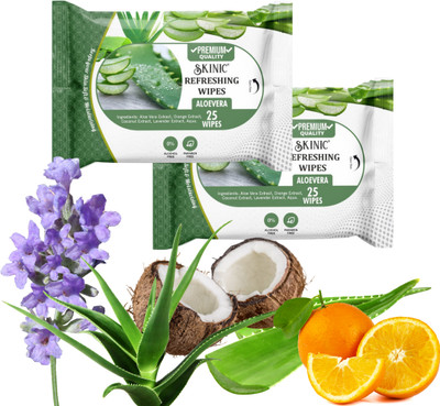 skinic Aloe Vera & Cucumber Wipes – Instant Freshness | Pack of 2 (50 Each)(50 Tissues)