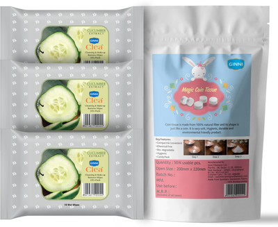 GINNI Magic 50 Coin tissue | Makeup-Remover Cleansing Wet Wipes (Cucumber, Pack of 3)(4 Tissues)