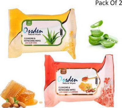 OSSDEN Wet Wipes,2 Fragrances, Aloe Vera,Honey & Almond 25 Wipes Each(2 Tissues)