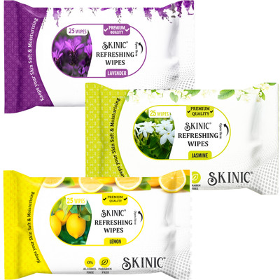skinic Refreshing Wet Wipes Combo- Lemon, Lavender, Jasmine-3 Packs×25 Wipes(75 Tissues)