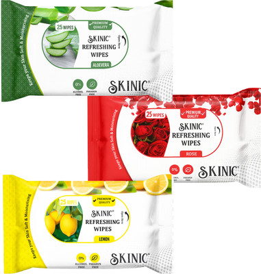 skinic Refreshing Wet Wipes Combo- Aloe Vera, Lemon, Rose-3 Packs×25 Wipes(75 Tissues)