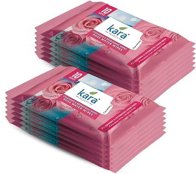 KARA Rose Water Facial Wet Wipes For a Natural Glow Pack of 12(120 Tissues)