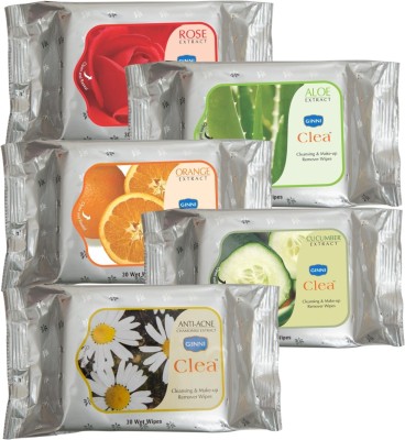 GINNI Cleansing & Refreshing Facial Wipes (Rose,Aloevera,Orange,Cucumber,Antiacne) (pack of 5) (30 wipes per pack)(5 Tissues)