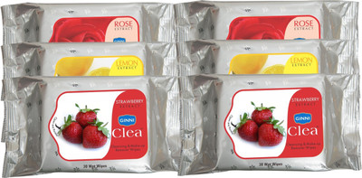 GINNI 2 (Rose,Lemon,Strawberry) Refreshing & Cleansing Facial Wipes (pack of 6) (30 wipes in each pack)(6 Tissues)
