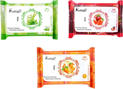 feelhigh Set 3 (Aloe vera,Strawberry,VitaminC) 25 Each- Makeup Remover Refreshing Wipes(75 Tissues)