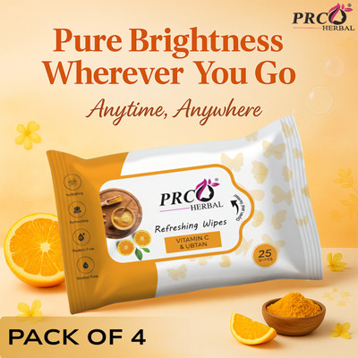 PRC HERBAL Vitamin-C & Ubtan Facial Wipes for Bright, Fresh & Clean Skin Care | Pack of 4(100 Tissues)